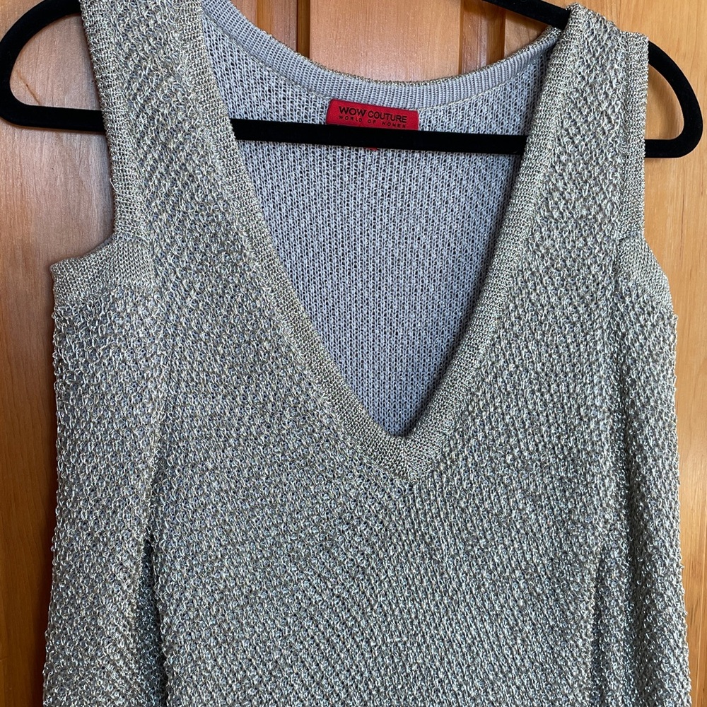ALLURING  Gray & Gold Shiny Textured Knit Cold Shoulder Dress   M